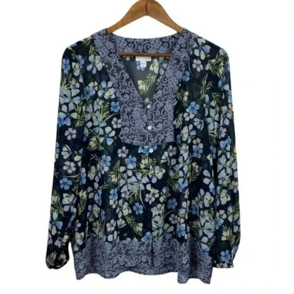J. JILL Floral Lace Print Button Front Blouse Sheer Long Sleeve Navy Blue Small - Picture 4 of 16